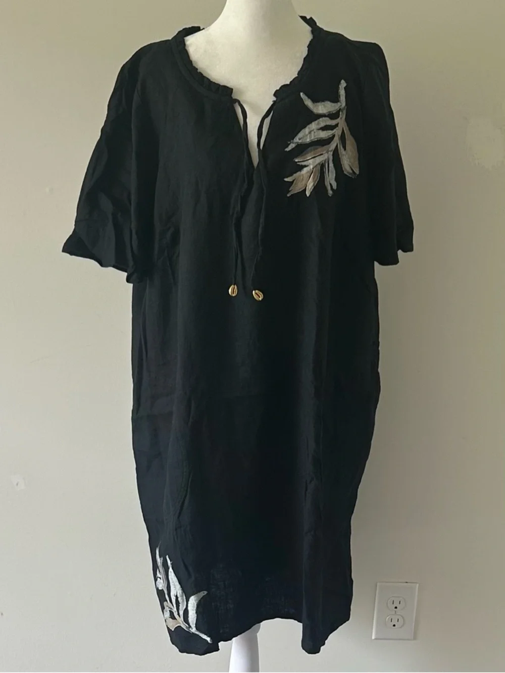 New Susan Graver Soleil Linen Viscose Printed CoverUp w/ Ties Black size Large
